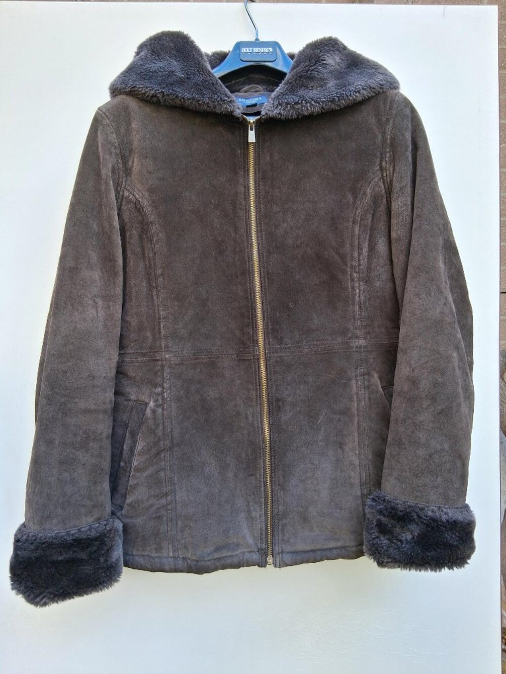 Vintage Sonoma suede leather hooded jacket with faux fur lining, brown (size M)